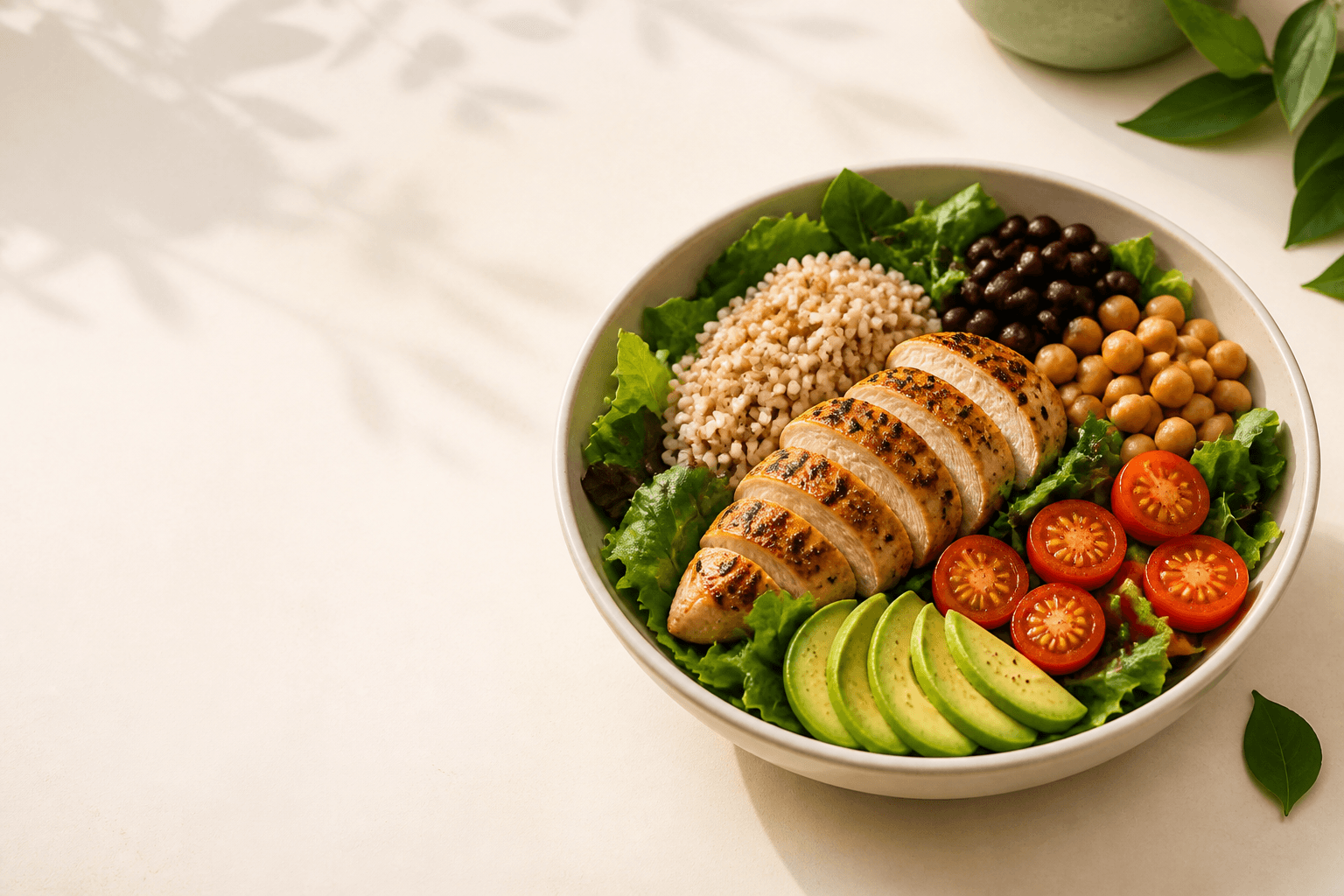 Bowl com frango grelhado, arroz, grãos, folhas e abacate